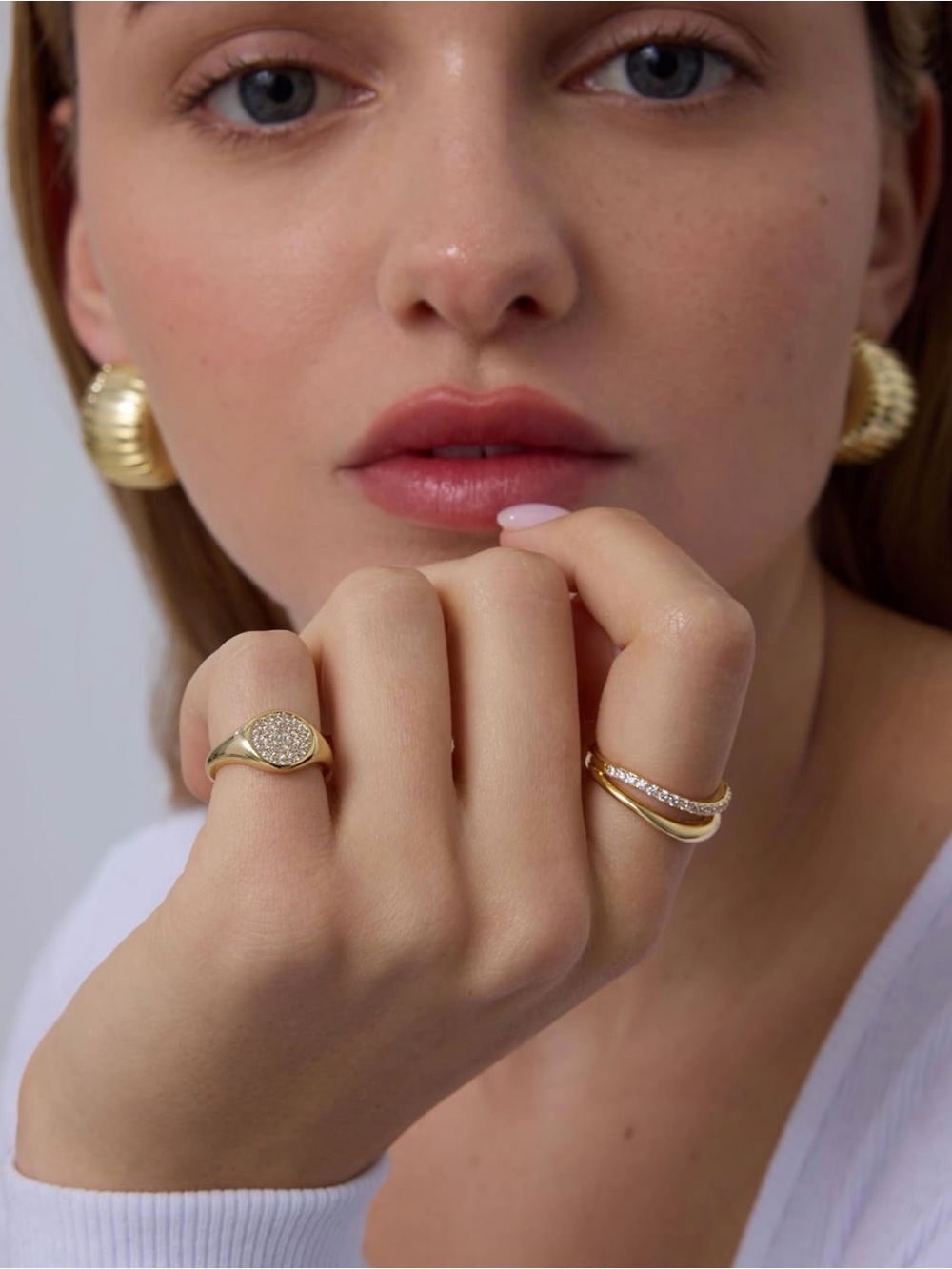 Gold Pavé Signet Ring with Crystal Disk — Women's Gold Ring